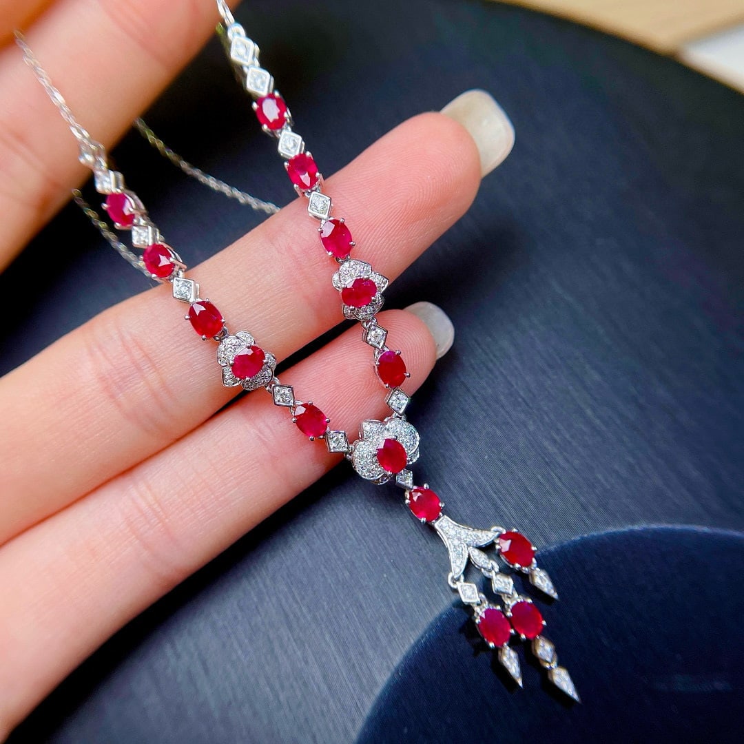14k Gold 5.02 Ctw Natural Ruby & Diamond Necklace - 5