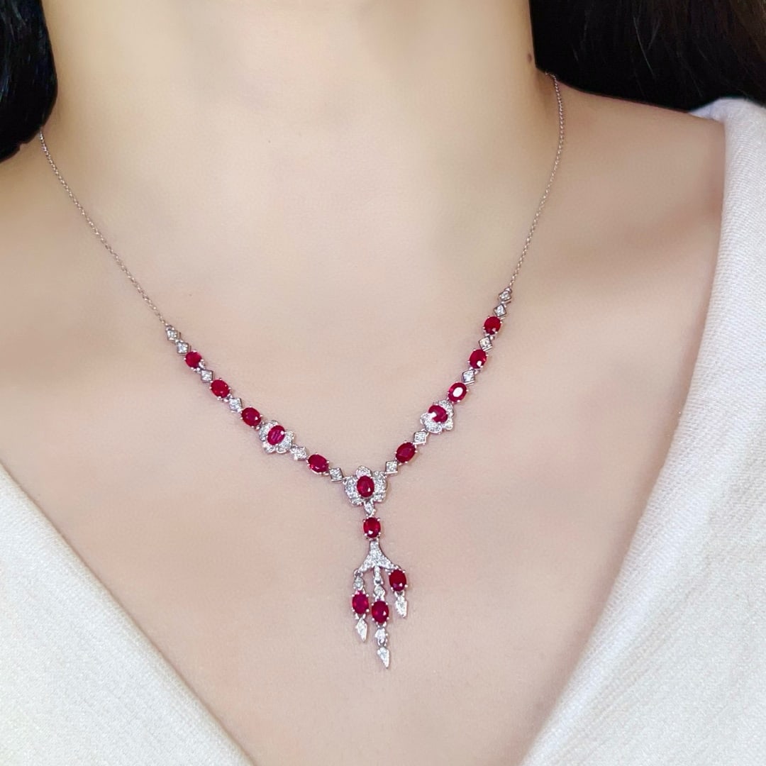 14k Gold 5.02 Ctw Natural Ruby & Diamond Necklace - 8