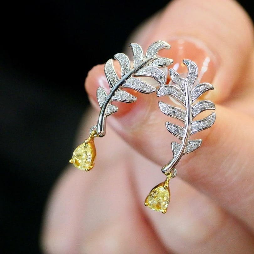 14k Gold 0.63 Ctw Natural Yellow Diamond & Diamond Earrings - 5