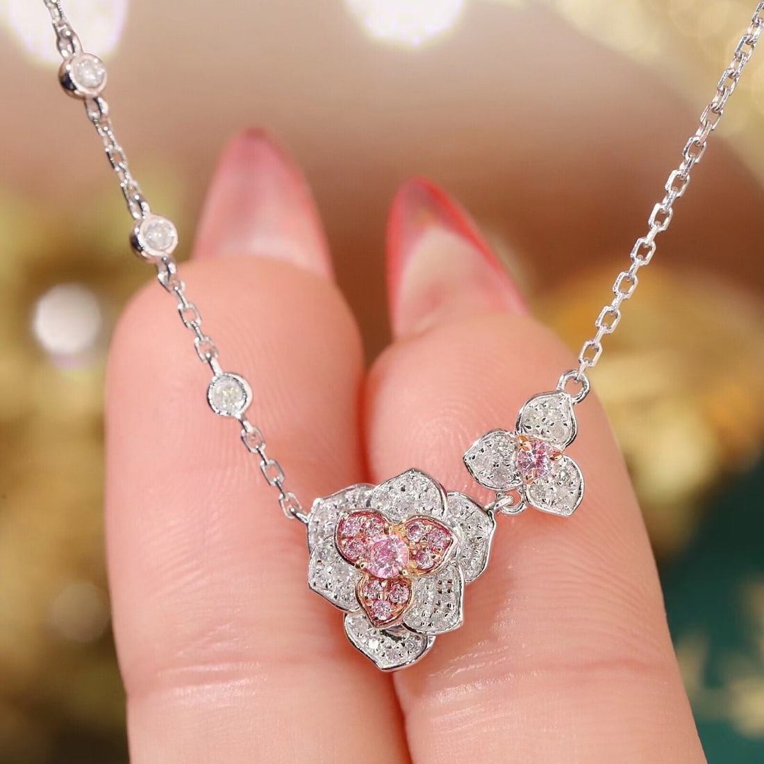 14k Gold 0.45 Ct Natural Pink Diamond & Diamond Necklace - 5