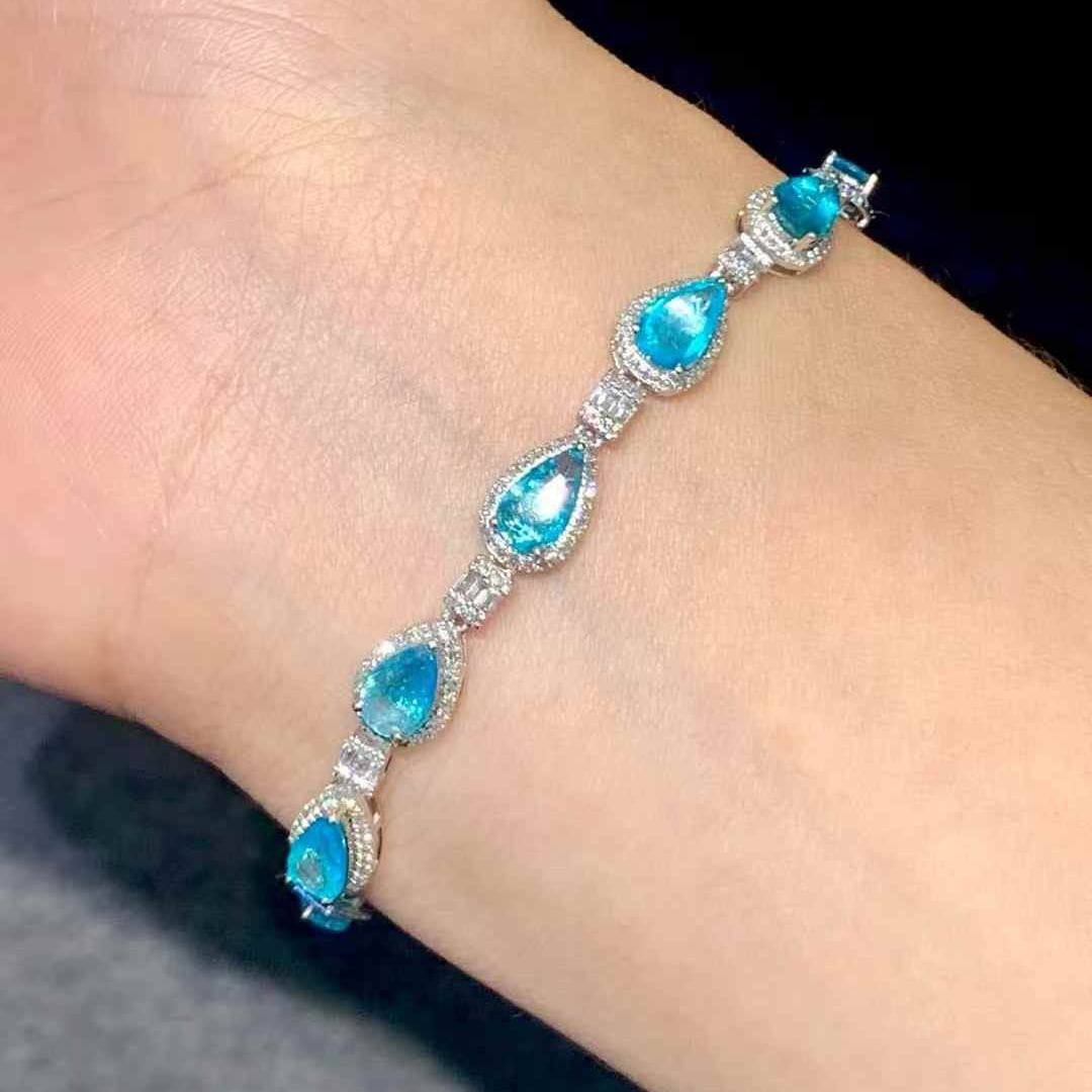 14k Gold 3.1 Ct Natural Paraiba Tourmaline & Diamond Bracelet - 4