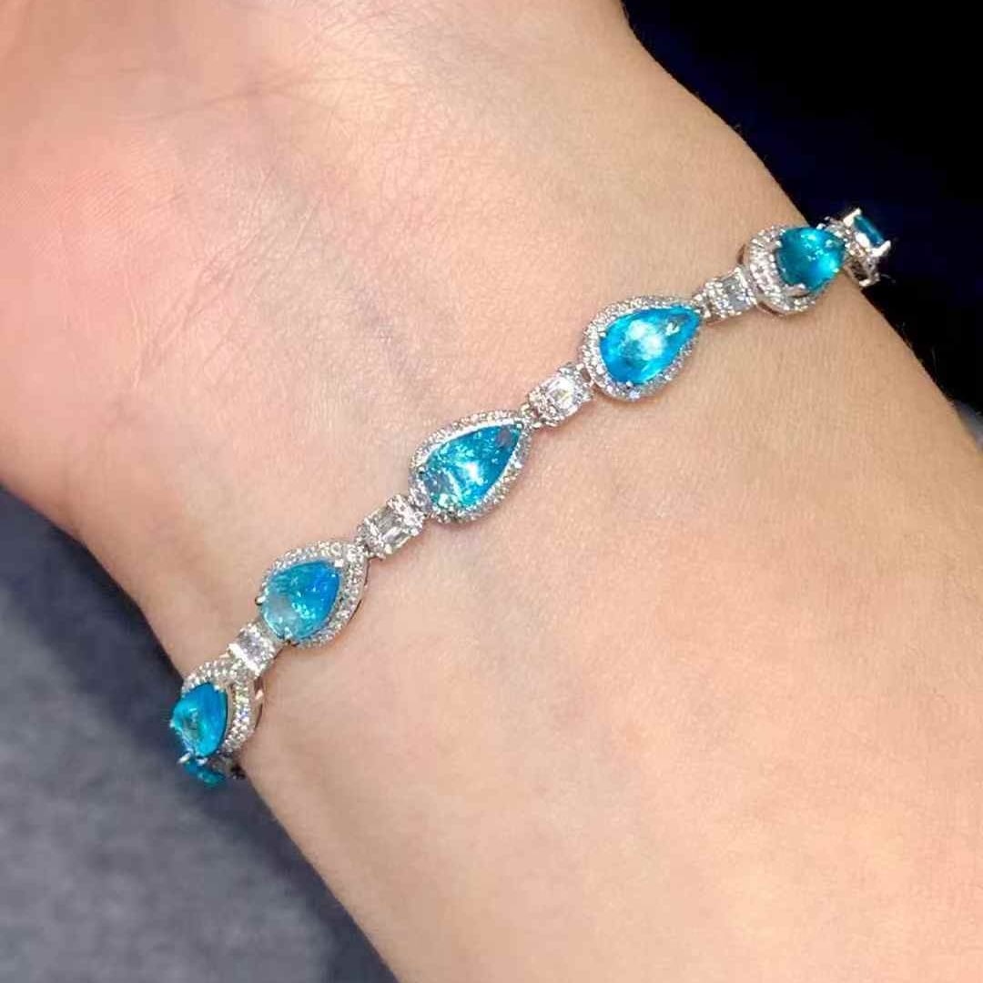 14k Gold 3.1 Ct Natural Paraiba Tourmaline & Diamond Bracelet - 5