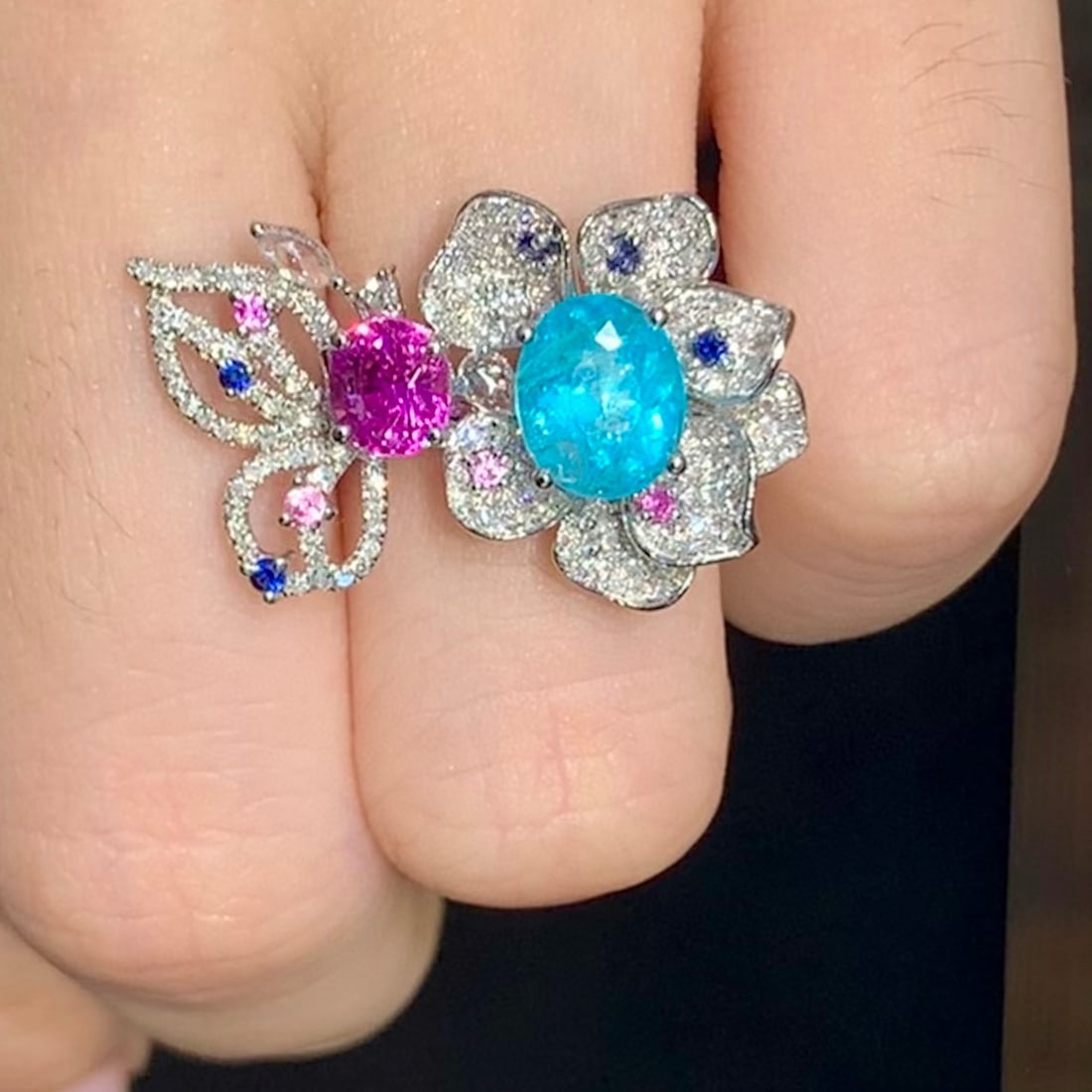 14k Gold 2.5 Ct Natural Paraiba Tourmaline & Sapphire Ring - 5