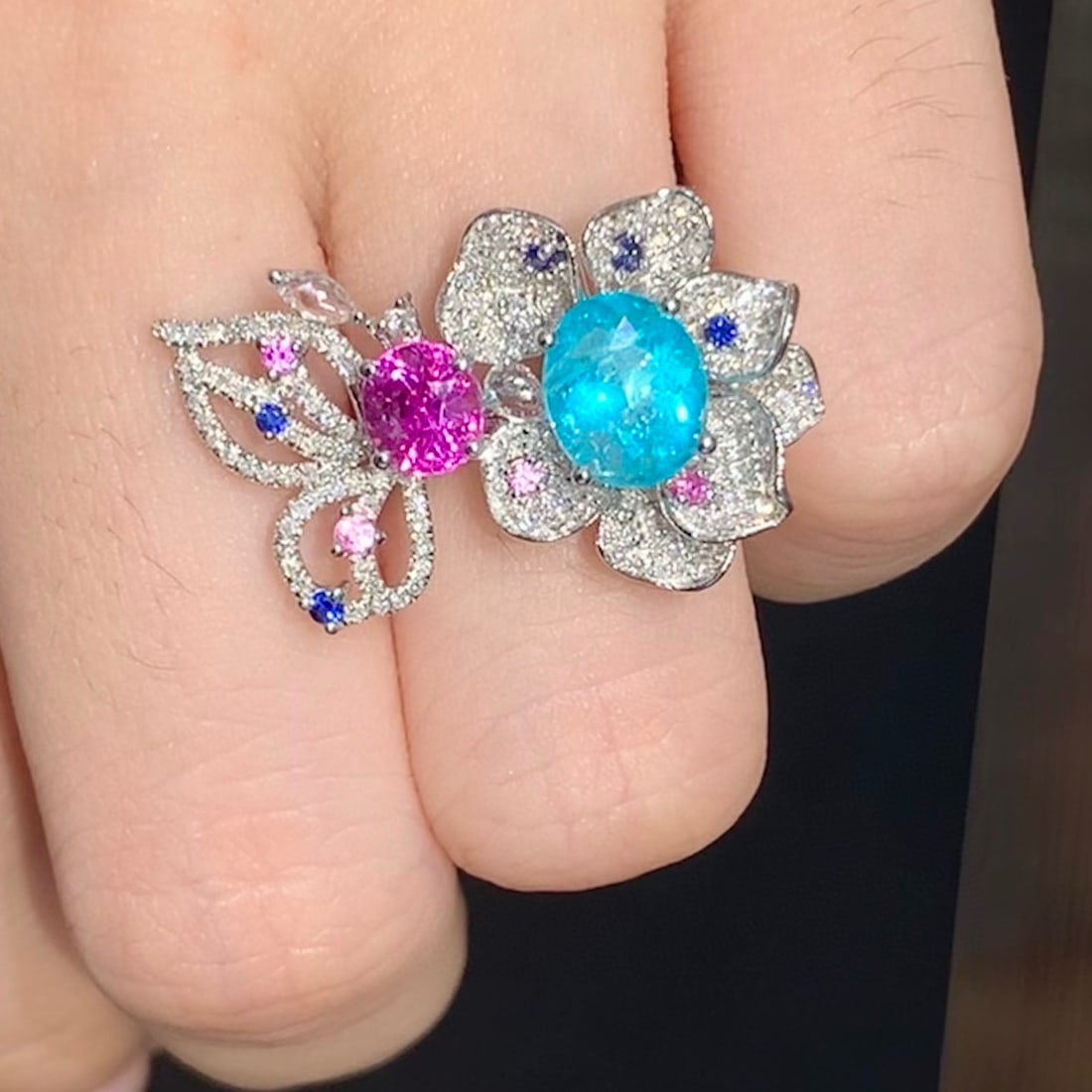 14k Gold 2.5 Ct Natural Paraiba Tourmaline & Sapphire Ring - 6