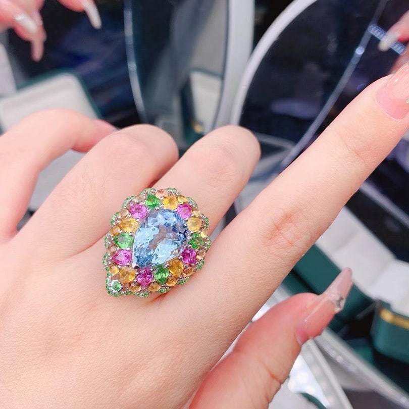 14k Gold 10.49 Ctw Natural Aquamarine & Coloured Gemstone Ring - 6