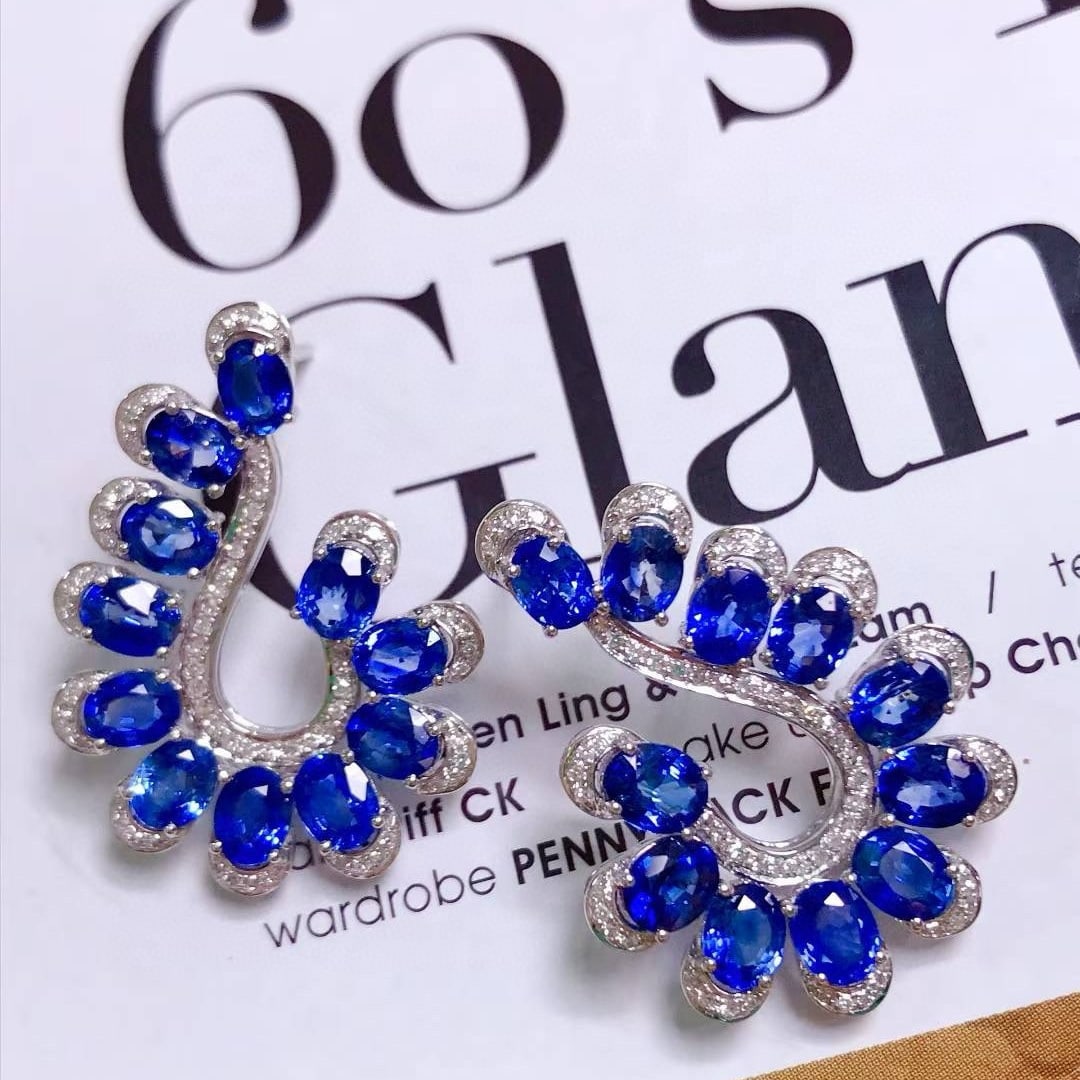 14k Gold 7.54 Ctw Natural Sapphire & Diamond Earrings - 2