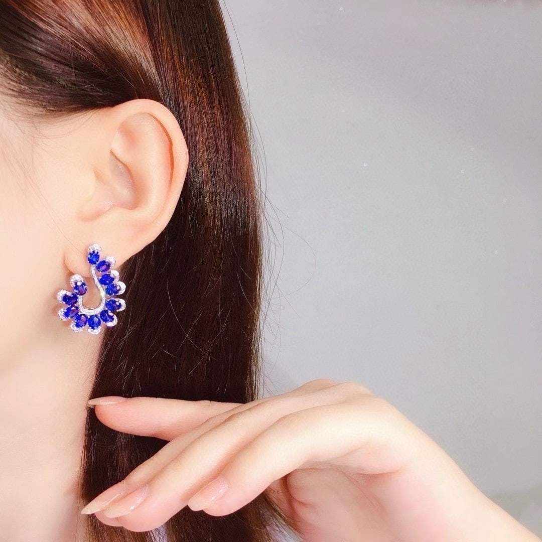14k Gold 7.54 Ctw Natural Sapphire & Diamond Earrings - 3