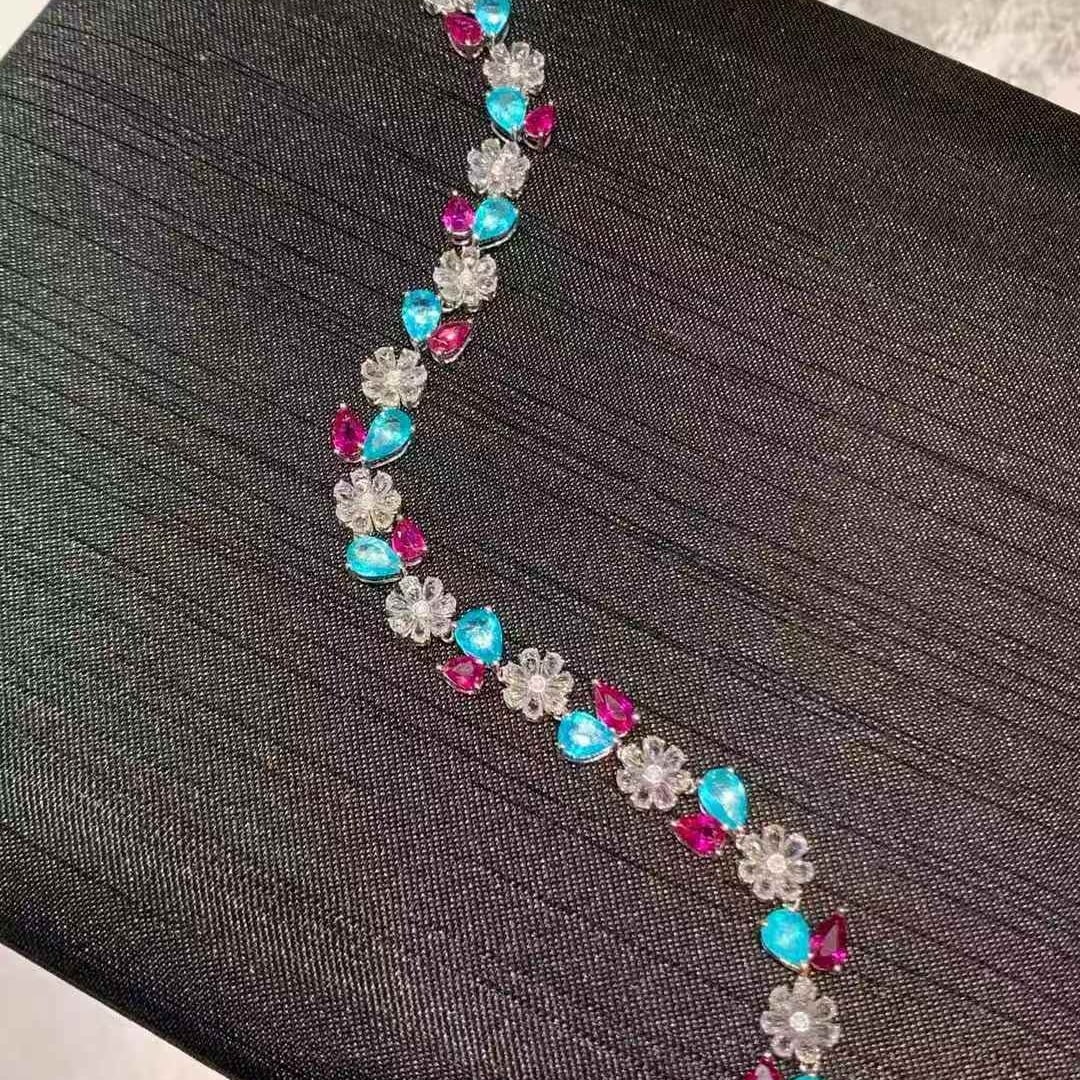 14k Gold 9.3 Ct Natural Paraiba Tourmaline & Ruby & Sapphire Bracelet - 3