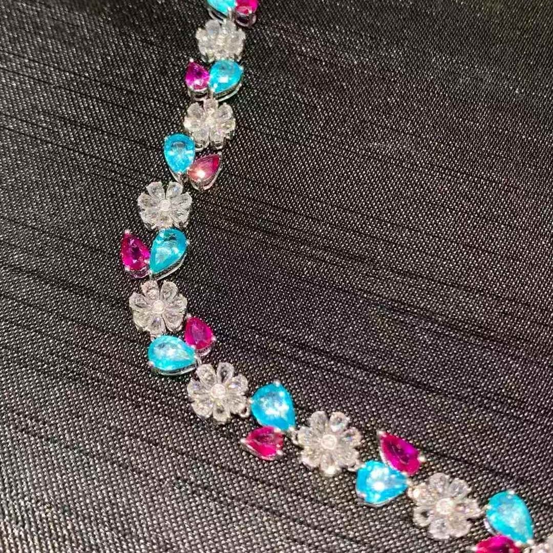 14k Gold 9.3 Ct Natural Paraiba Tourmaline & Ruby & Sapphire Bracelet - 4