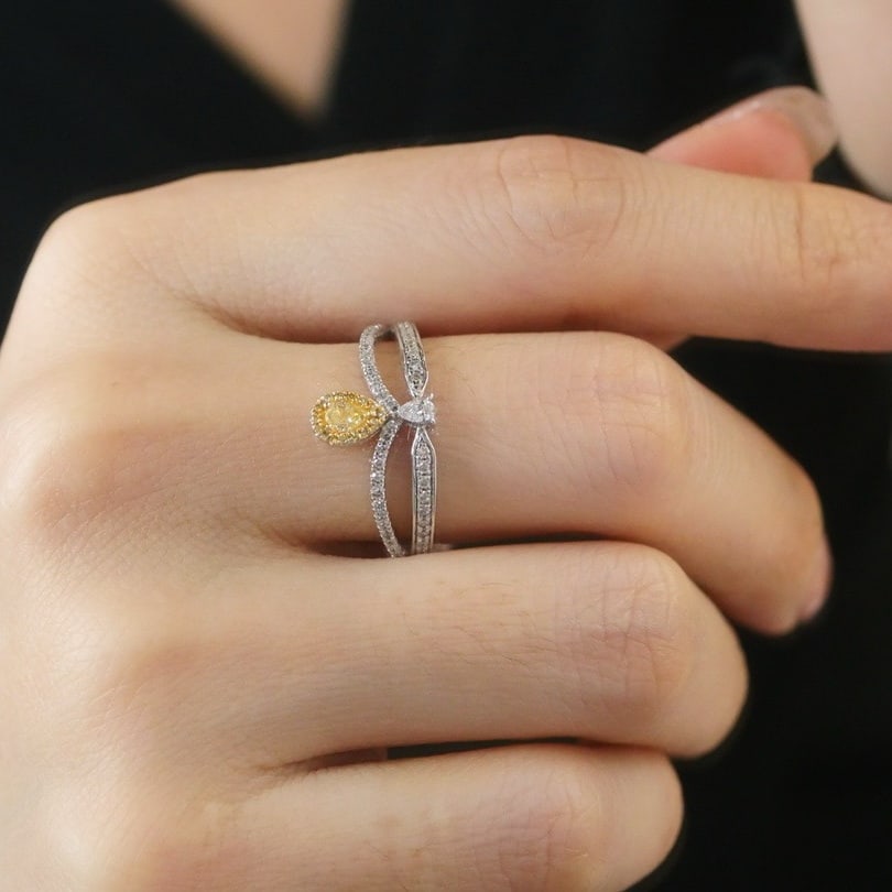 14k Gold 0.45 Ctw Natural Yellow Diamond & Diamond Ring - 5