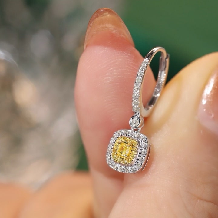 14k Gold 0.6 Ct Natural Yellow Diamond & Diamond Earrings - 3