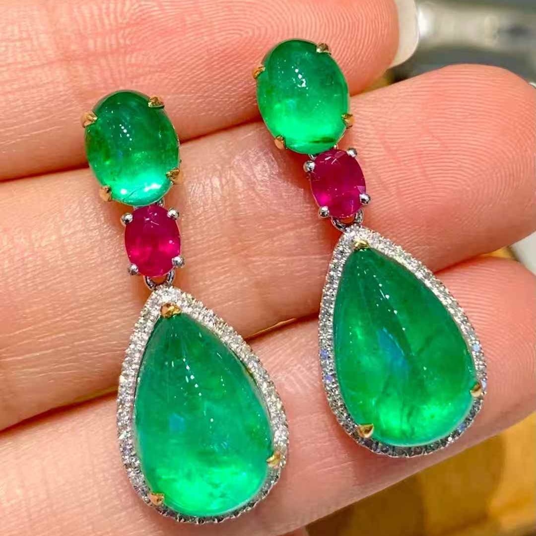 14k Gold 12.0 Ctw Natural Emerald & Ruby Earrings - 2