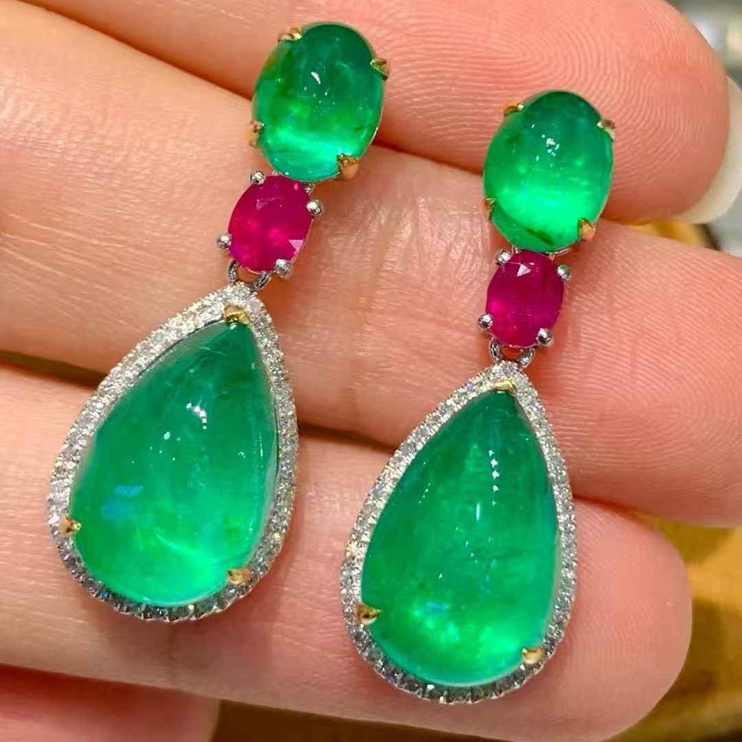 14k Gold 12.0 Ctw Natural Emerald & Ruby Earrings - 3
