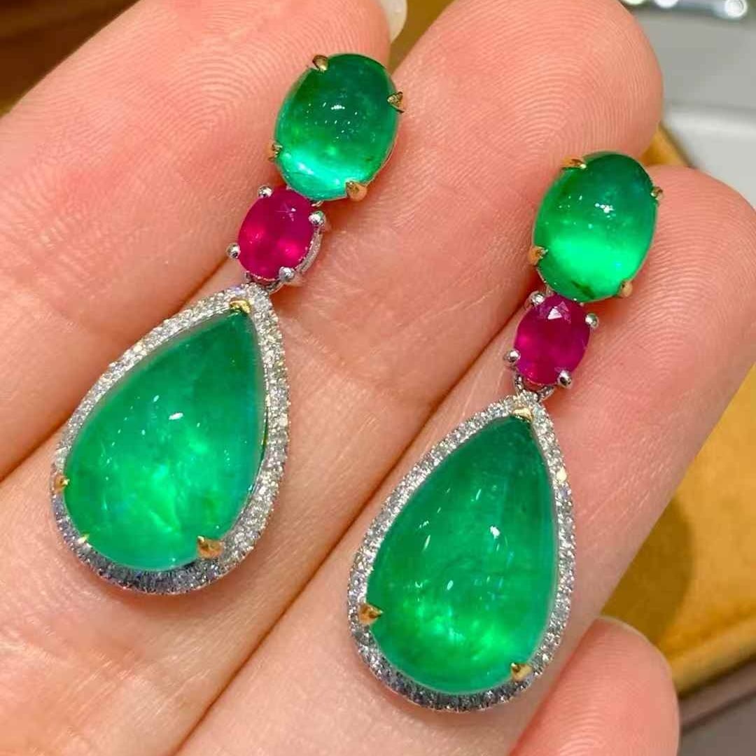 14k Gold 12.0 Ctw Natural Emerald & Ruby Earrings - 4