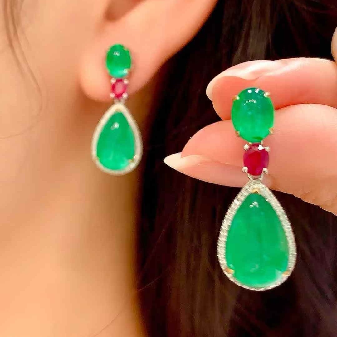 14k Gold 12.0 Ctw Natural Emerald & Ruby Earrings - 5