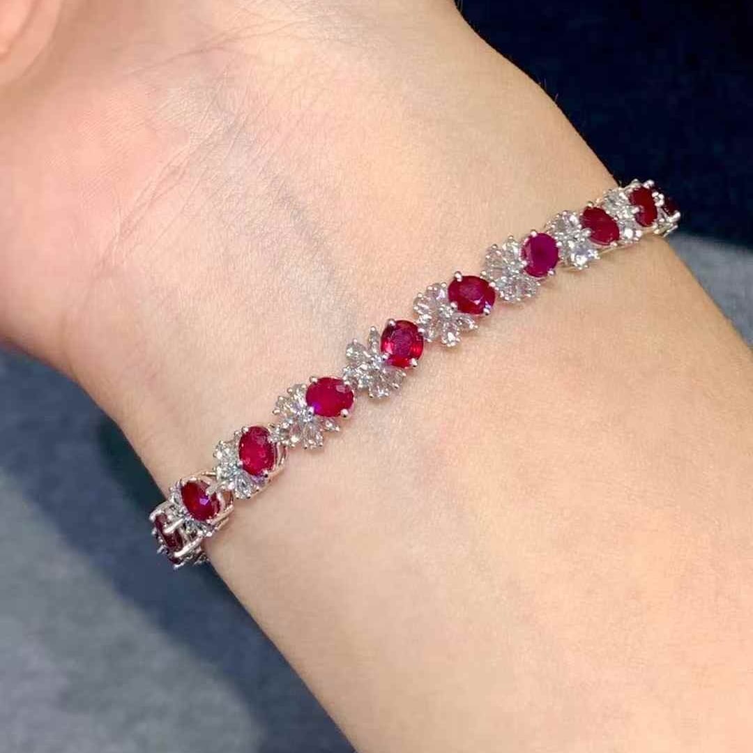 14k Gold 7.5 Ct Natural Ruby & Sapphire & Diamond Bracelet - 4