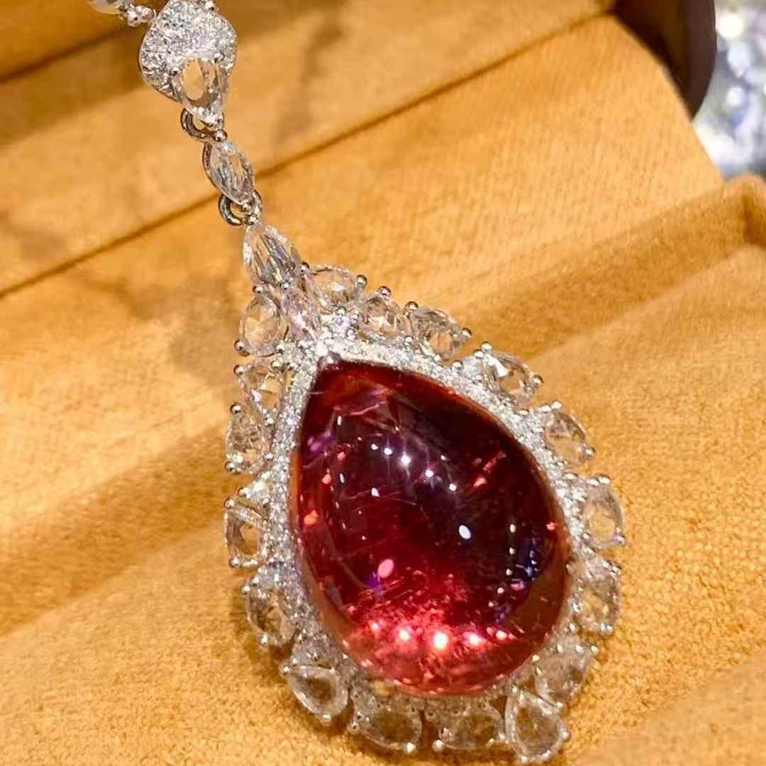 14k Gold 10.7 Ct Natural Tourmaline & Sapphire & Diamond Pendant( Without Chain ) - 2