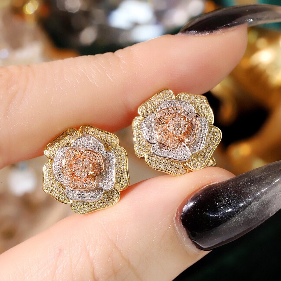 14k Gold 0.8 Ct Natural H Diamond & Flowers Earrings - 6