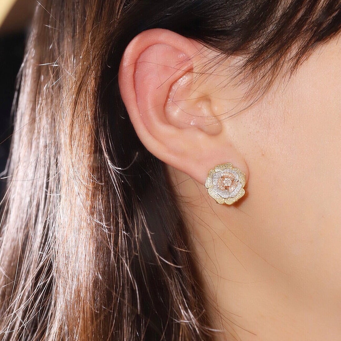 14k Gold 0.8 Ct Natural H Diamond & Flowers Earrings - 8
