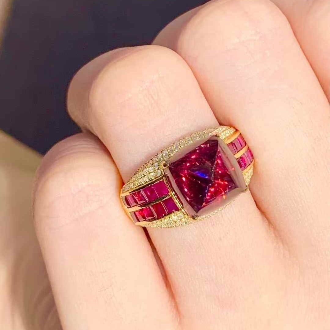 14k Gold 6.5 Ct Natural Tourmaline & Ruby & Diamond Ring - 2
