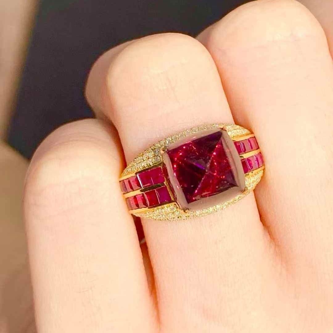 14k Gold 6.5 Ct Natural Tourmaline & Ruby & Diamond Ring - 3