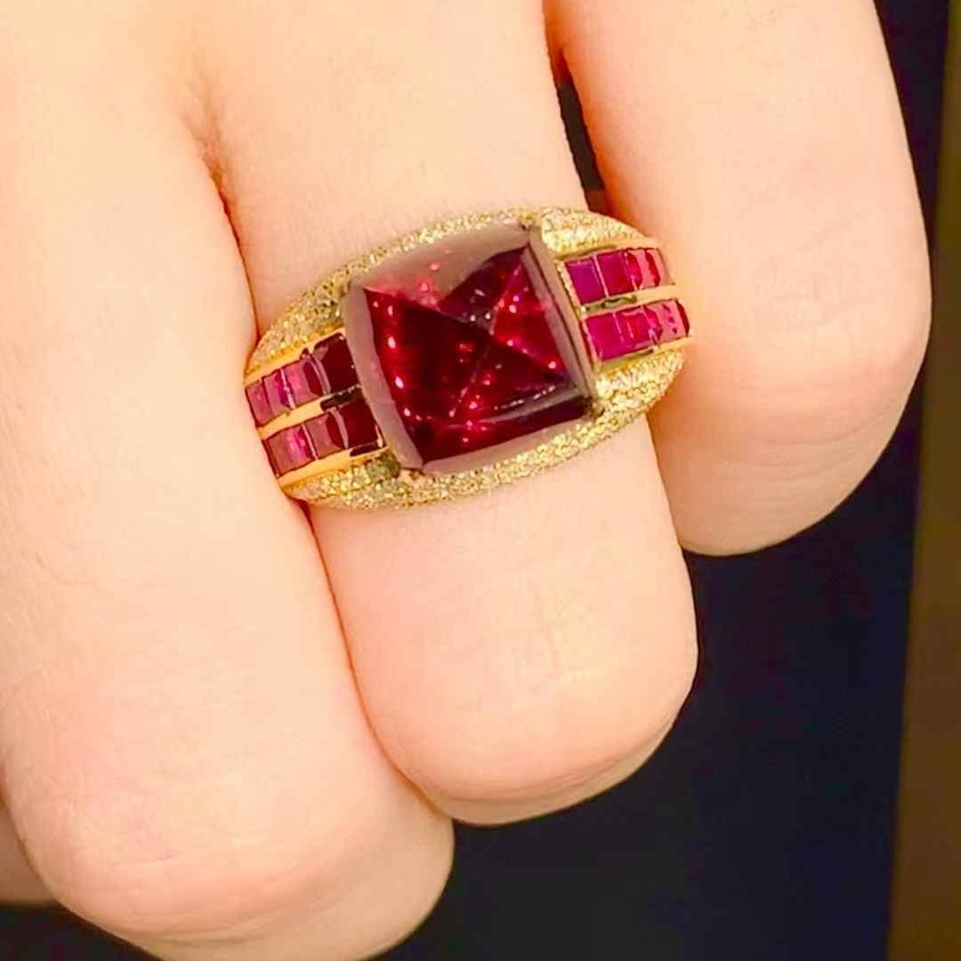 14k Gold 6.5 Ct Natural Tourmaline & Ruby & Diamond Ring - 6