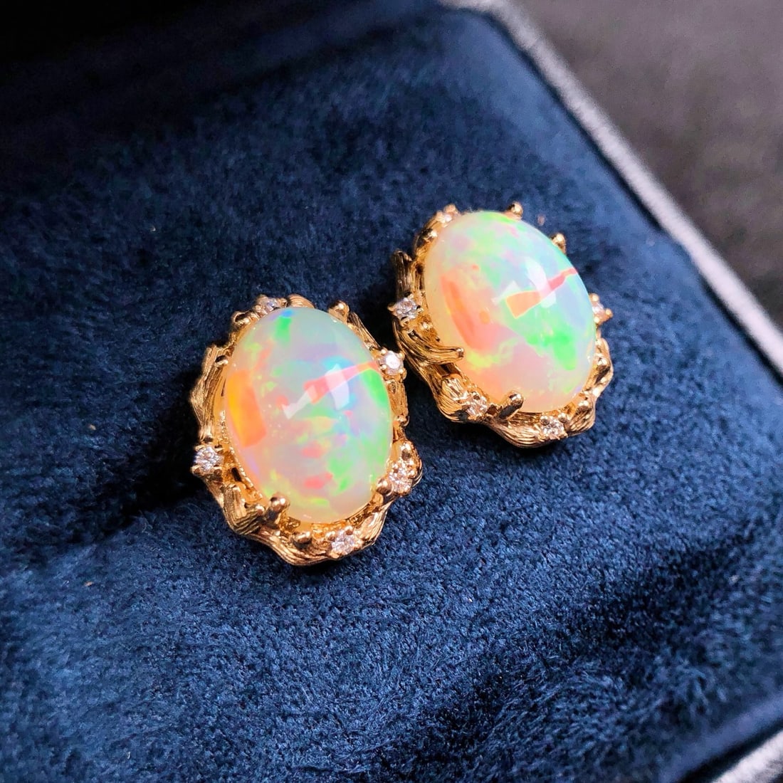 14k Gold 6.43 Ctw Natural Opal & Diamond Earrings - 4