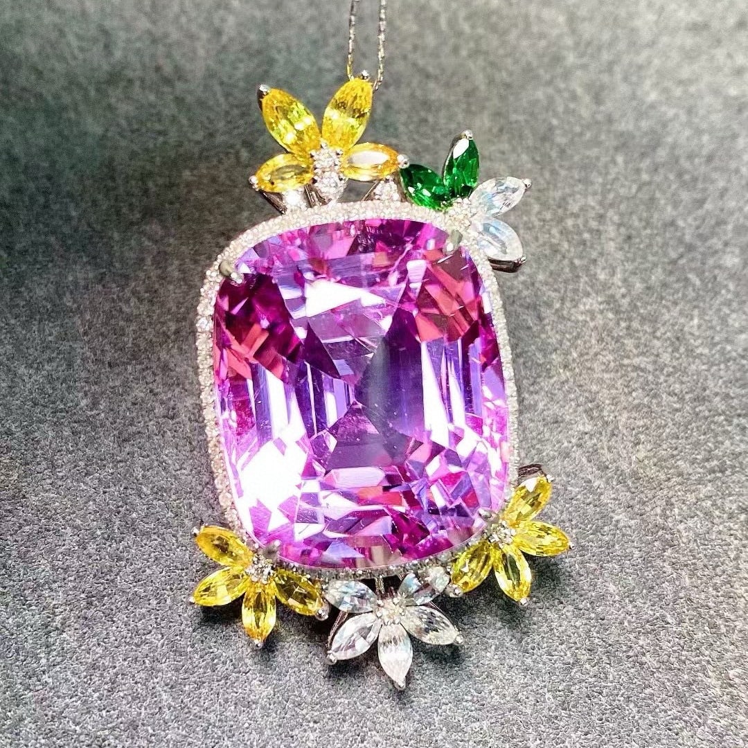 14k Gold 37.32 Ctw Natural Kunzite & Coloured Gemstone Pendant( Without Chain ) - 4