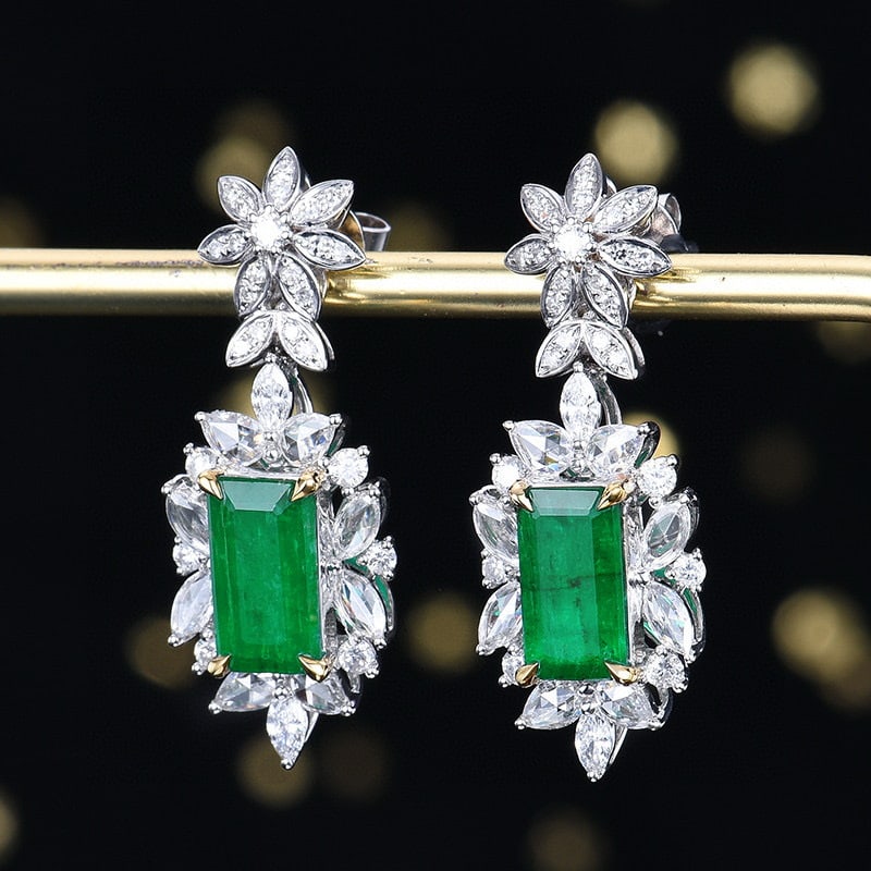 14k Gold 3.76 Ctw Vivid Green Natural Emerald & Diamond Earrings - 2