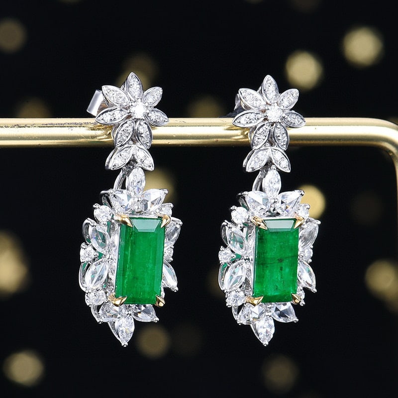 14k Gold 3.76 Ctw Vivid Green Natural Emerald & Diamond Earrings - 3