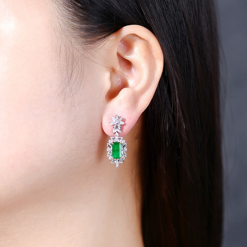 14k Gold 3.76 Ctw Vivid Green Natural Emerald & Diamond Earrings - 5