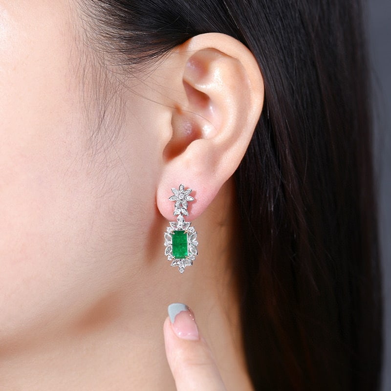 14k Gold 3.76 Ctw Vivid Green Natural Emerald & Diamond Earrings - 6