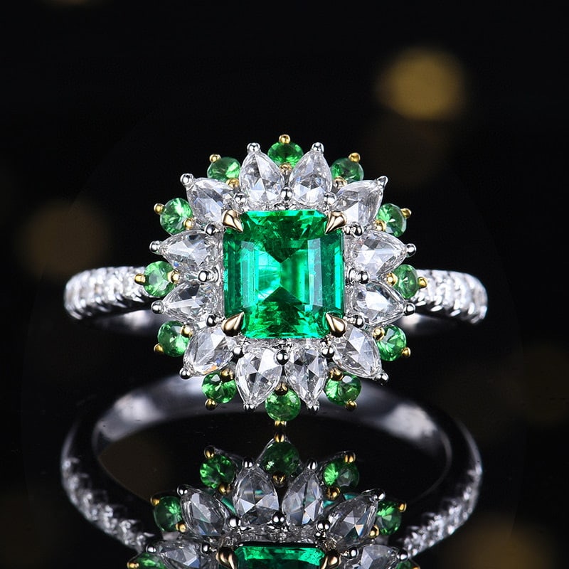 14k Gold 1.42 Ctw Vivid Green Natural Emerald & Diamond Ring: Ref:231058003 // gold content:14k gold // ring size:7. 25us // // main gemstone:emerald // shape:octagonal // carat weight:0. 82ct // color:vivid green // treatment:natural // // adjacent gemstone 2 :