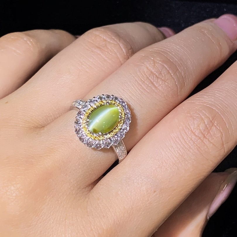 14k Gold 3.98 Ctw Natural Cat's?Eye Chrysoberyl & Diamond Ring - 4