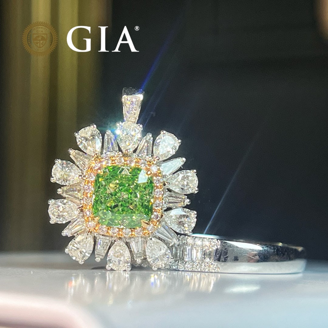 Gia Certified 14k Gold 4.05 Ctw Natural Green Diamond & Diamond Ring - 3