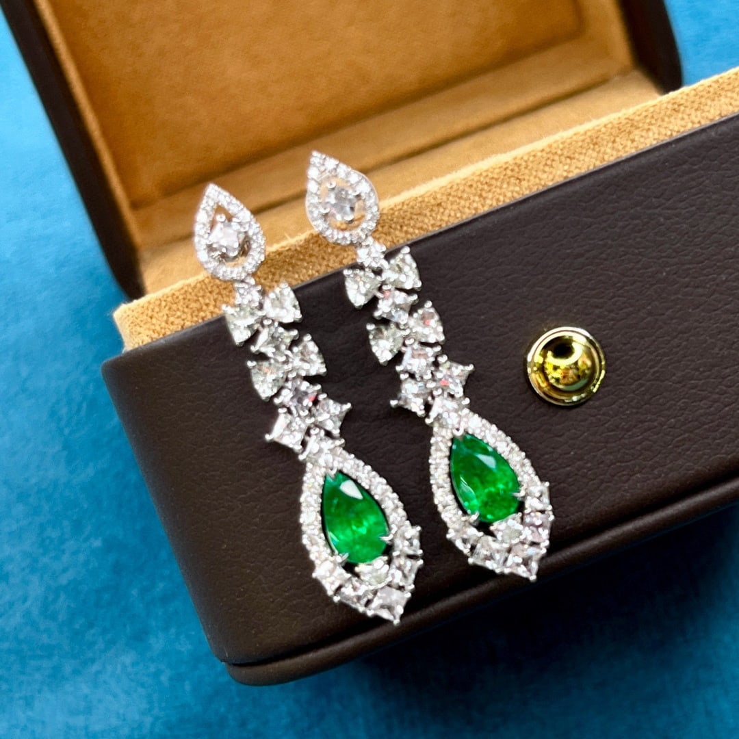 14k Gold 2.98 Ctw Vivid Green Natural Emerald & Sapphire Earrings - 5