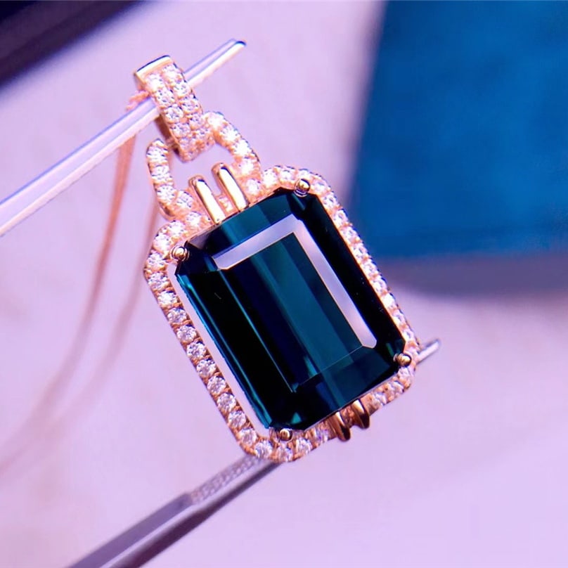 14k Gold 10.5 Ct Natural Tourmaline & Diamond Pendant( Without Chain ) - 2