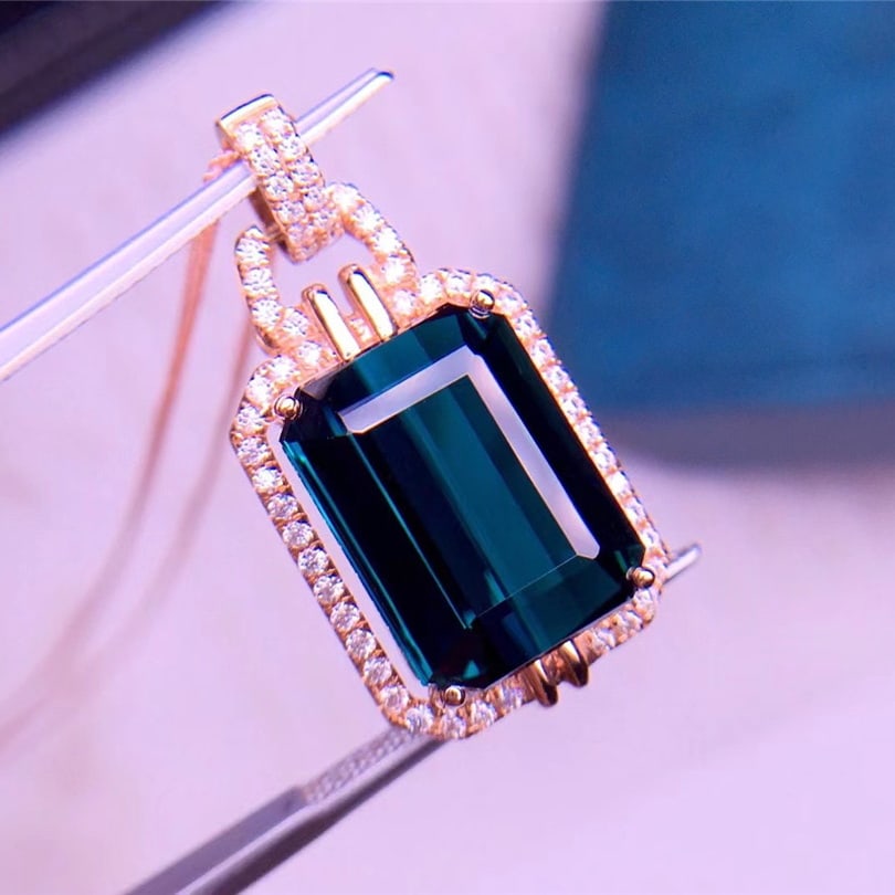 14k Gold 10.5 Ct Natural Tourmaline & Diamond Pendant( Without Chain ) - 4