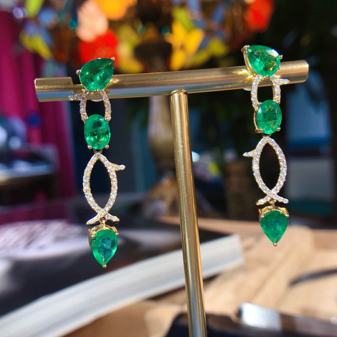 14k Gold 5.53 Ctw Vivid Green Natural Emerald & Diamond Earrings - 3
