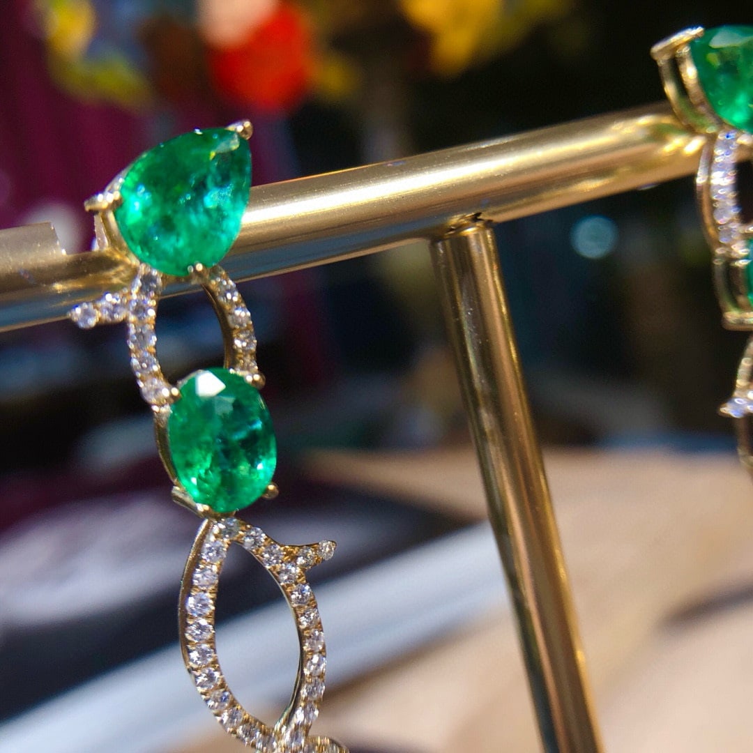 14k Gold 5.53 Ctw Vivid Green Natural Emerald & Diamond Earrings - 5