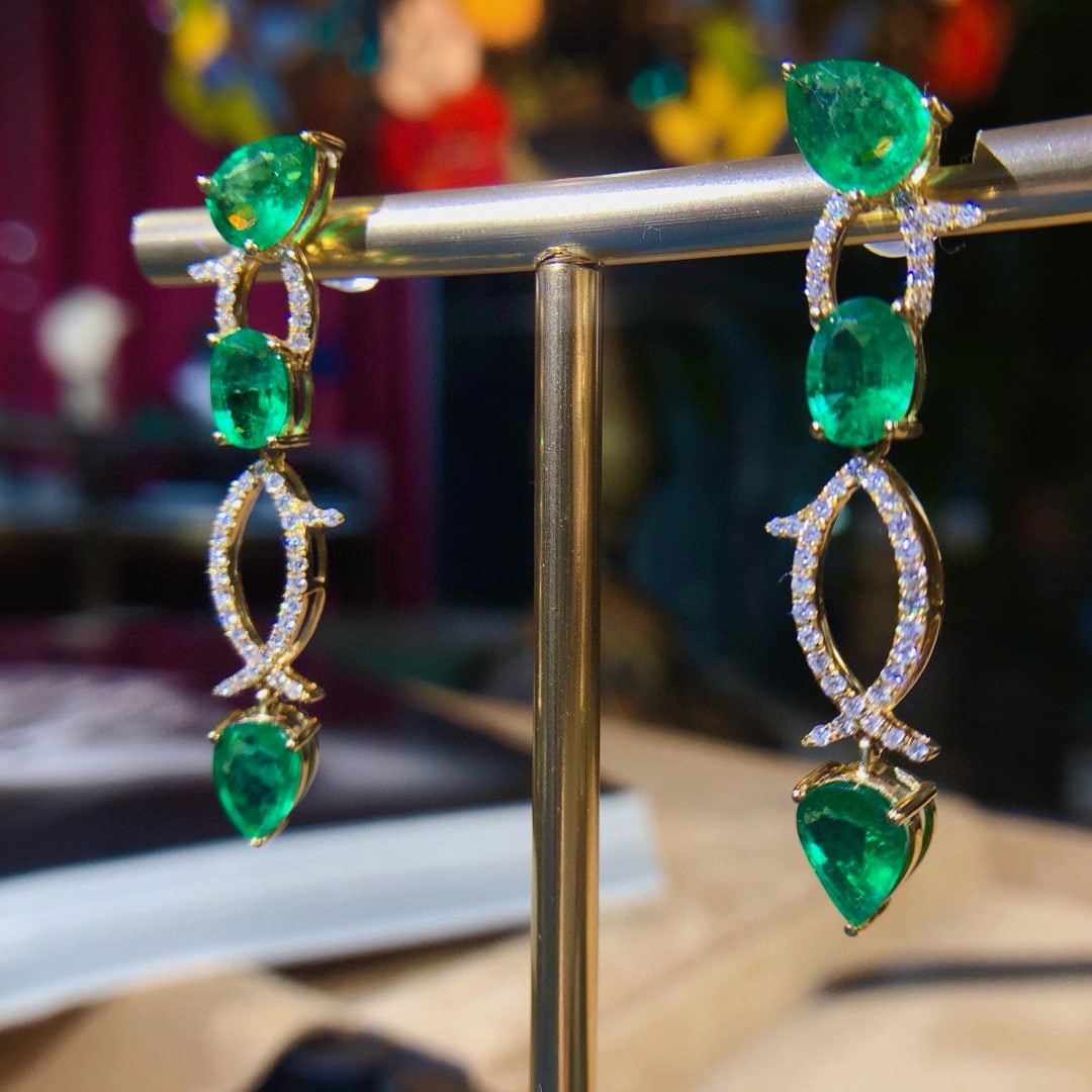 14k Gold 5.53 Ctw Vivid Green Natural Emerald & Diamond Earrings - 6