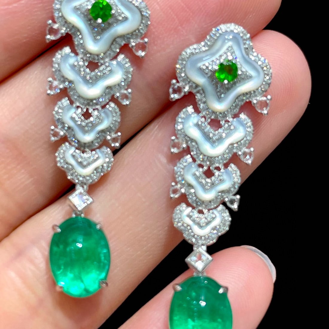 14k Gold 4 Ct Natural Emerald & Diamond & Sapphire & Tsavorite Earrings - 4