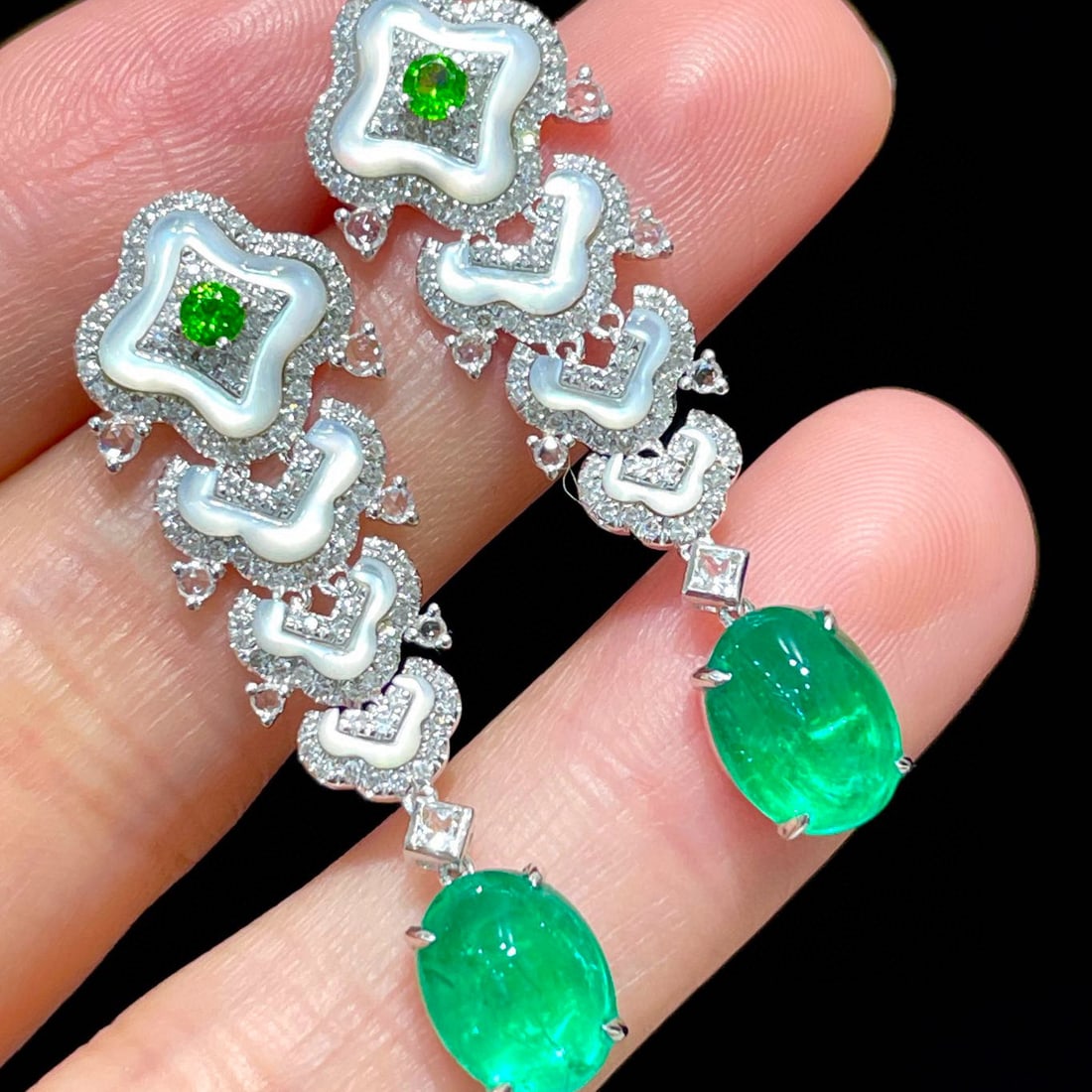 14k Gold 4 Ct Natural Emerald & Diamond & Sapphire & Tsavorite Earrings - 5