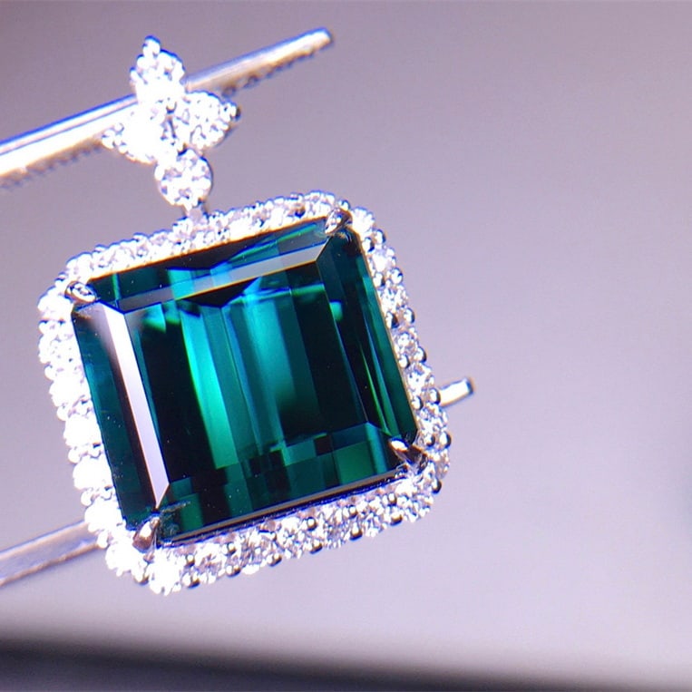 14k Gold 6.1 Ct Natural Tourmaline & Diamond Pendant( Without Chain ) - 2