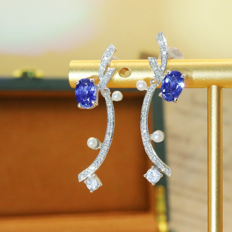 14k Gold 1.55 Ctw Natural Sapphire & Diamond Earrings - 2