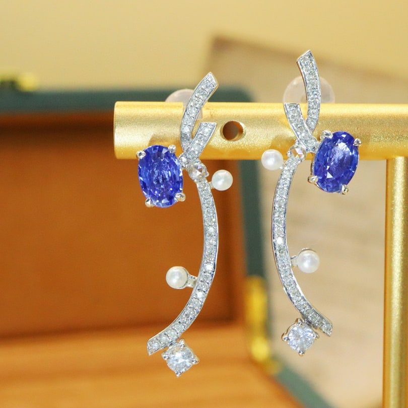 14k Gold 1.55 Ctw Natural Sapphire & Diamond Earrings - 3