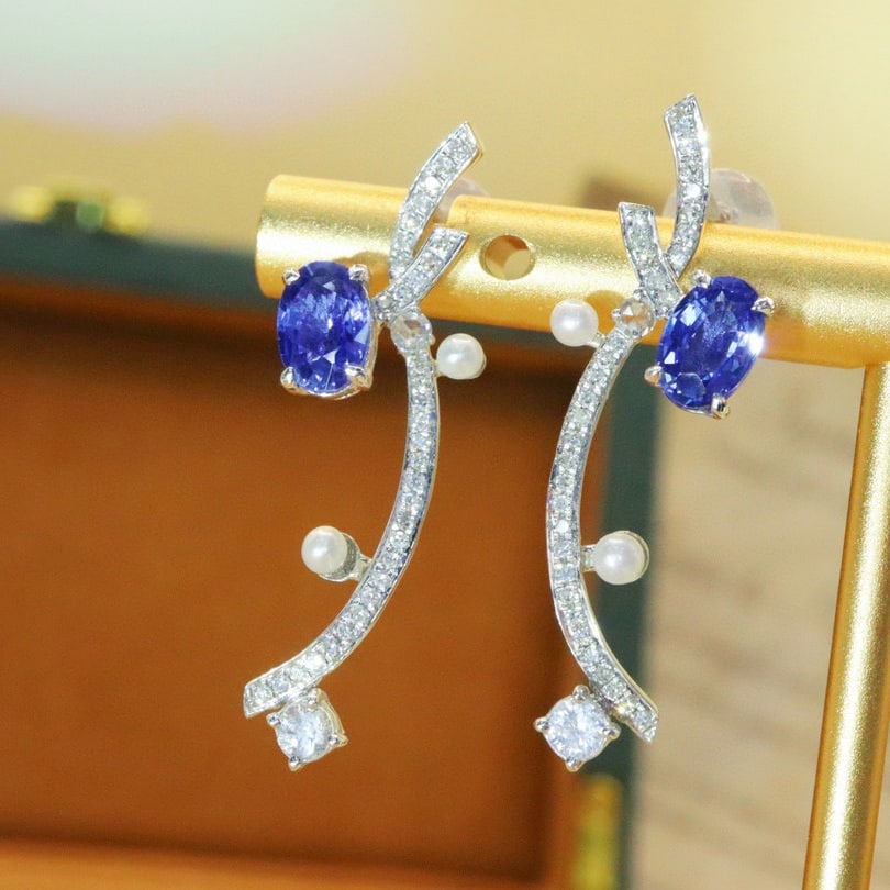 14k Gold 1.55 Ctw Natural Sapphire & Diamond Earrings - 4