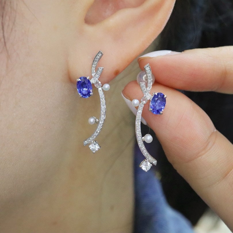 14k Gold 1.55 Ctw Natural Sapphire & Diamond Earrings - 6