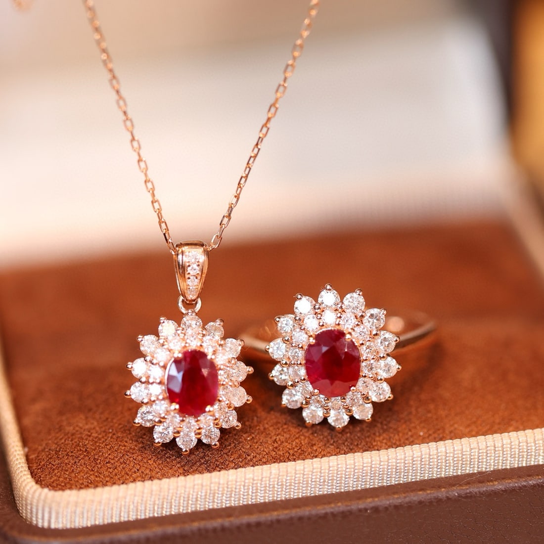 14k Gold 3.58 Ctw Natural Ruby & Diamond Jewelry Set: Ref:231058111 // gold content:14k gold // ring size:7. 25us // // pendant(without chain) // main gemstone:ruby // shape:oval // carat weight:1. 02ct // color:pigeonblood red // treatment:natural // //