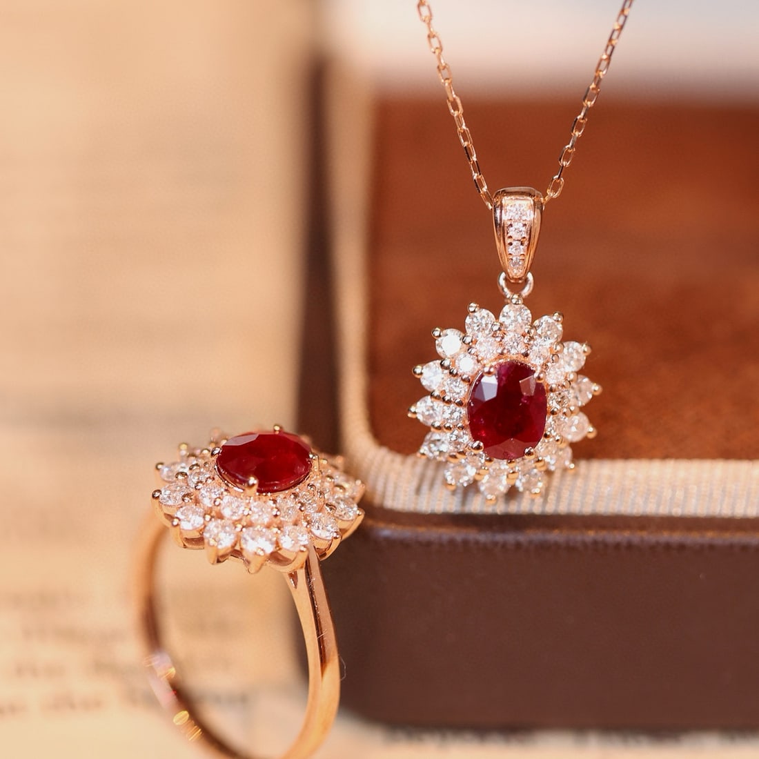14k Gold 3.58 Ctw Natural Ruby & Diamond Jewelry Set - 9